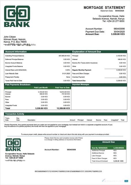 Download Kenya Co operative Bank of Kenya mortgage statement Word and PDF template Photoshop template